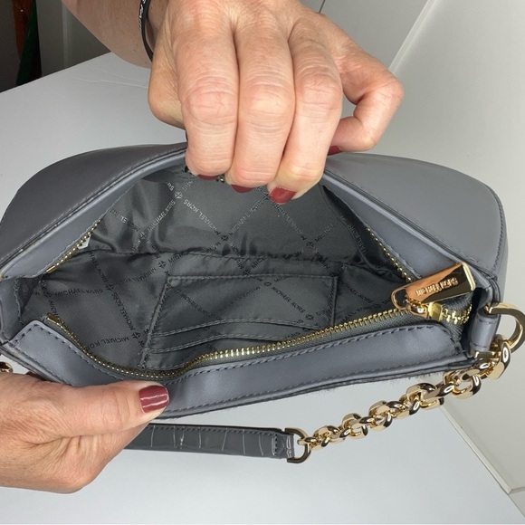 Michael Kors Carmen Small Gray Leather Leopard Haircalf Pouchette Handbag Purse - Picture 8 of 9